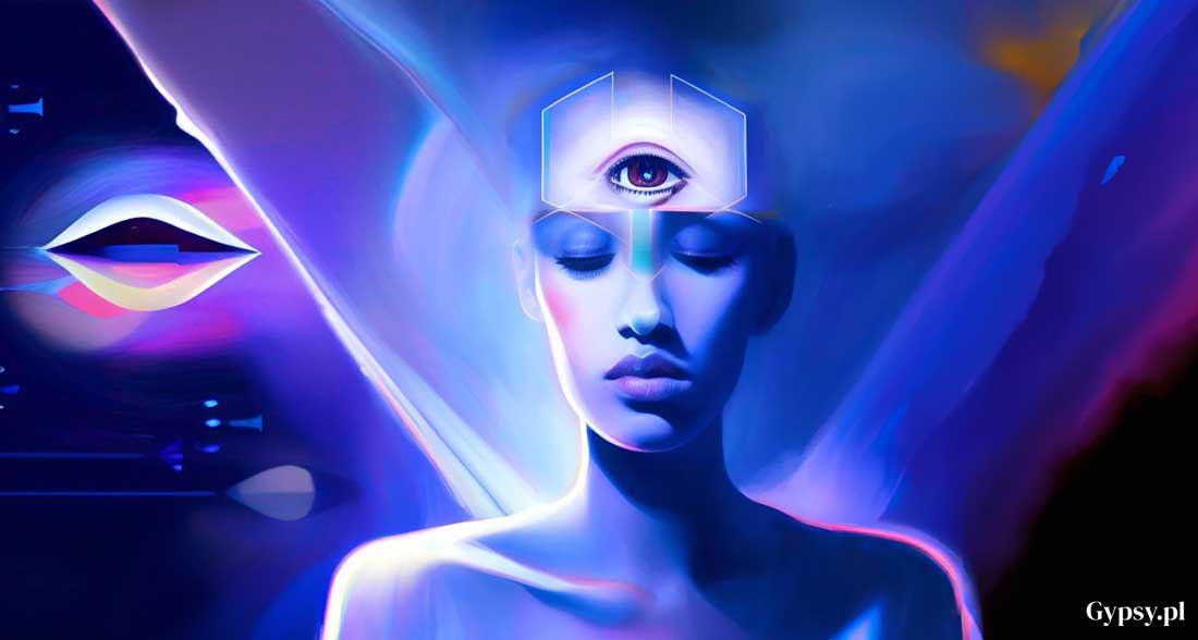 Ilustracja tytułowa pokazująca surrealistyczny obraz z kobietą otwierającą trzecie oko
