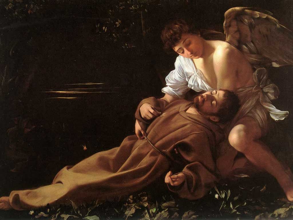 Obraz Caravaggia przedstawiający świętego Franciszka oraz anioła
