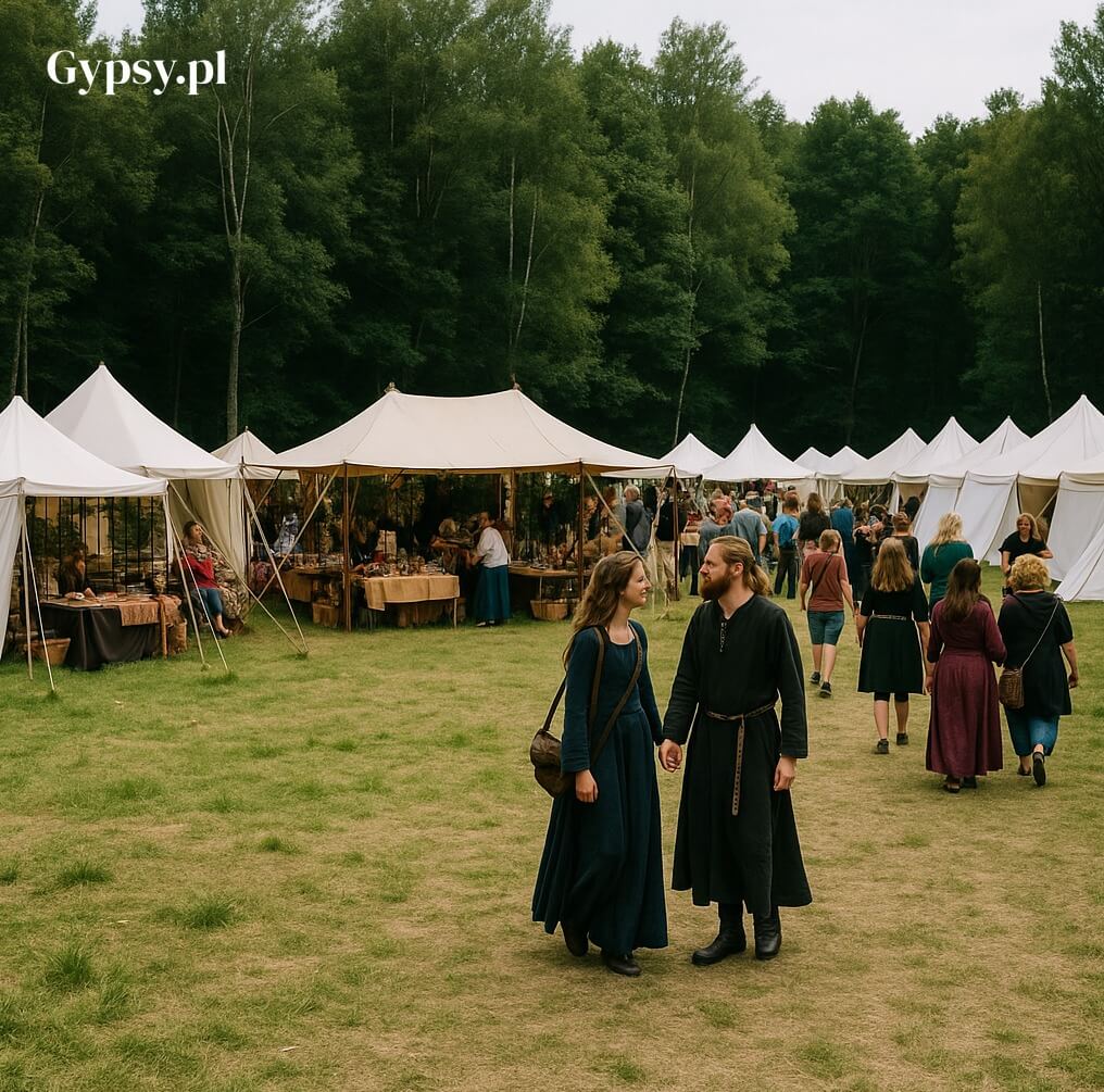 Para w strojach inspirowanych dawnymi epokami, trzymająca się za ręce, spaceruje po trawiastym terenie festiwalu pogańskiego lub wiccańskiego, z rzędem białych namiotów i straganami w tle, symbolizując wspólnotowy aspekt Wicca.