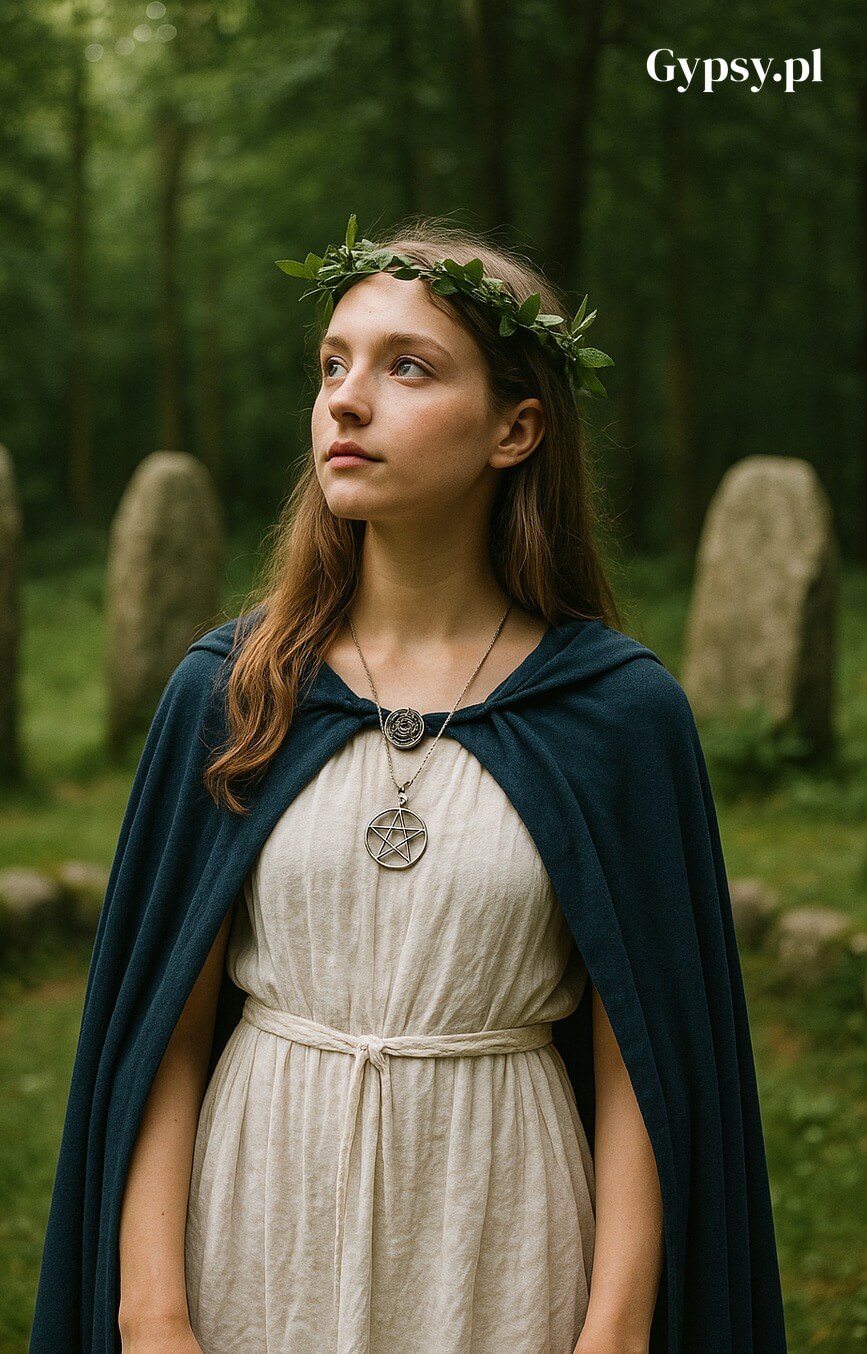 Młoda kobieta, prawdopodobnie kapłanka Wicca, w białej lnianej sukni i granatowej pelerynie, z wieńcem z zielonych liści na głowie, nosząca naszyjniki z pentagramem i innym symbolem, stoi w lesie przed kamiennym kręgiem, spoglądając w górę z natchnieniem.