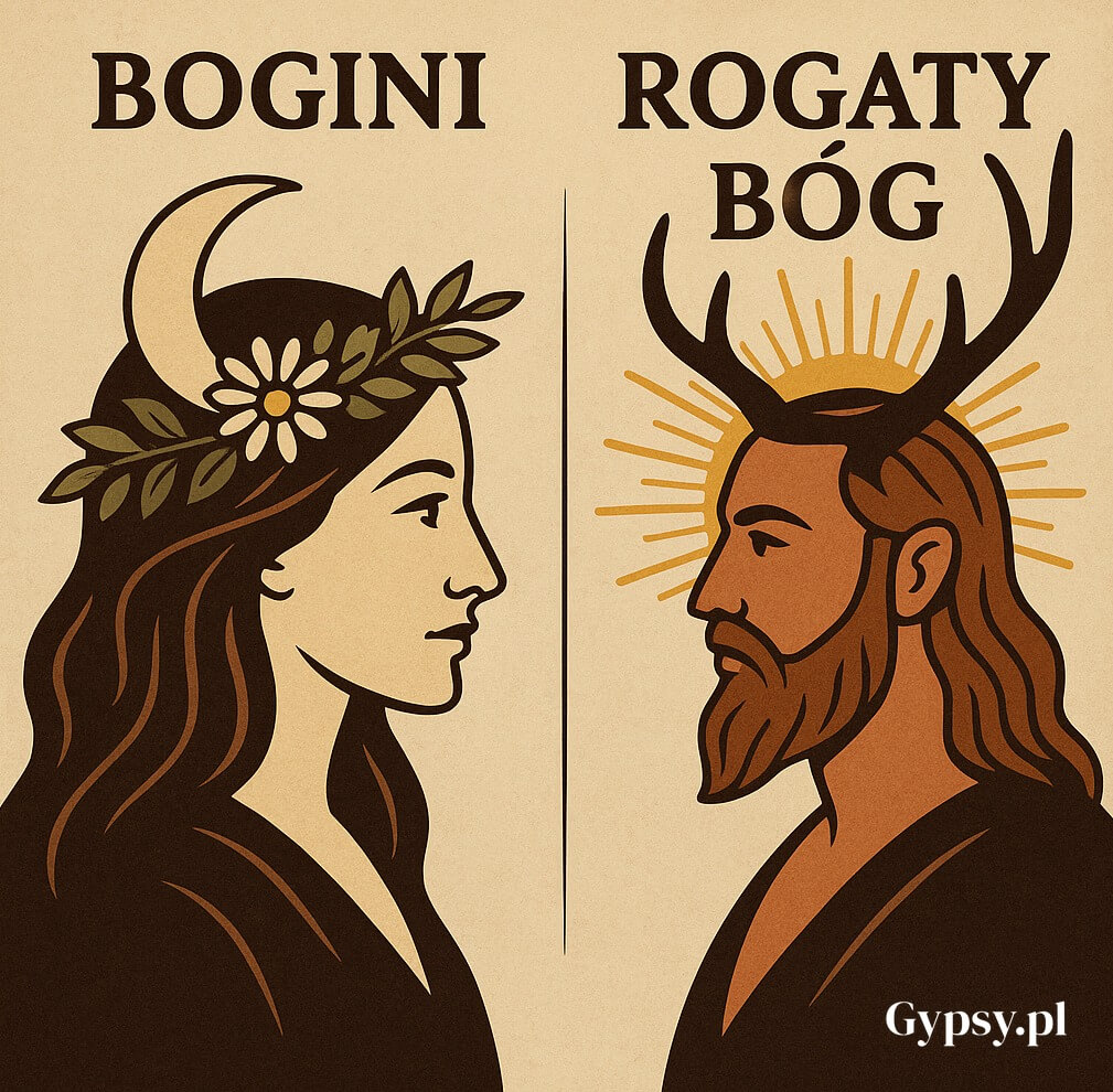 Graficzna reprezentacja dualizmu bóstw w Wicca: po lewej stronie profil Bogini z półksiężycem i kwiatami, po prawej profil Rogatego Boga z jelenimi rogami i promieniami słońca, ukazująca komplementarność boskich aspektów.