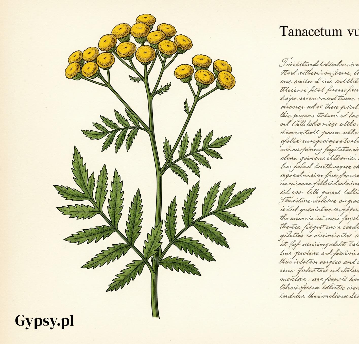 Ilustracja botaniczna wrotyczu pospolitego – Tanacetum vulgare – z charakterystycznymi żółtymi kwiatami i pierzastymi liśćmi, obok stylizowanego tekstu.